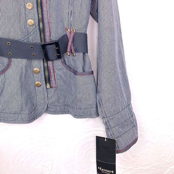 NEW Reset Europe Pinstriped Navy long sleeve Structured Canvas Coat - Picture 4 of 8